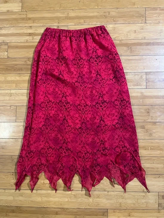 Y2K Chico's Red Damask Asymmetrical Point-Hem Flame Maxi Silk Skirt Whimsigoth - Picture 8 of 8